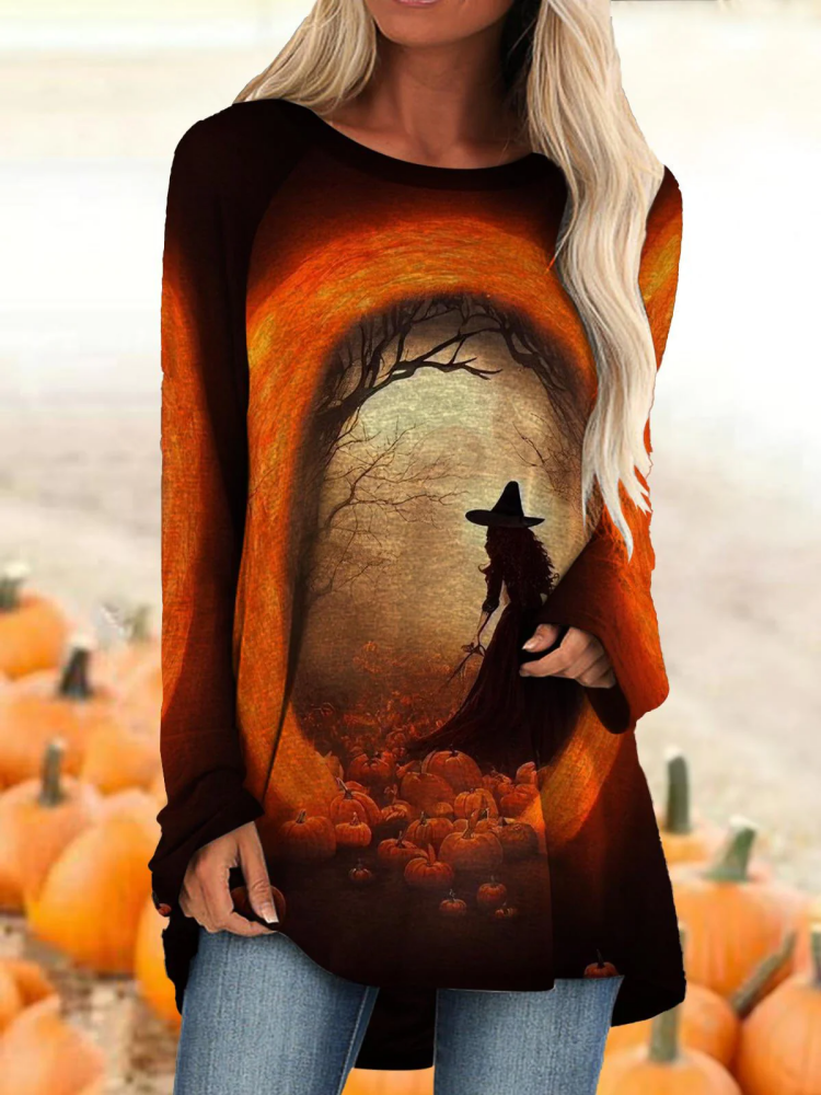 VChics Pumpkin Field Witch Long Sleeve Printed Top