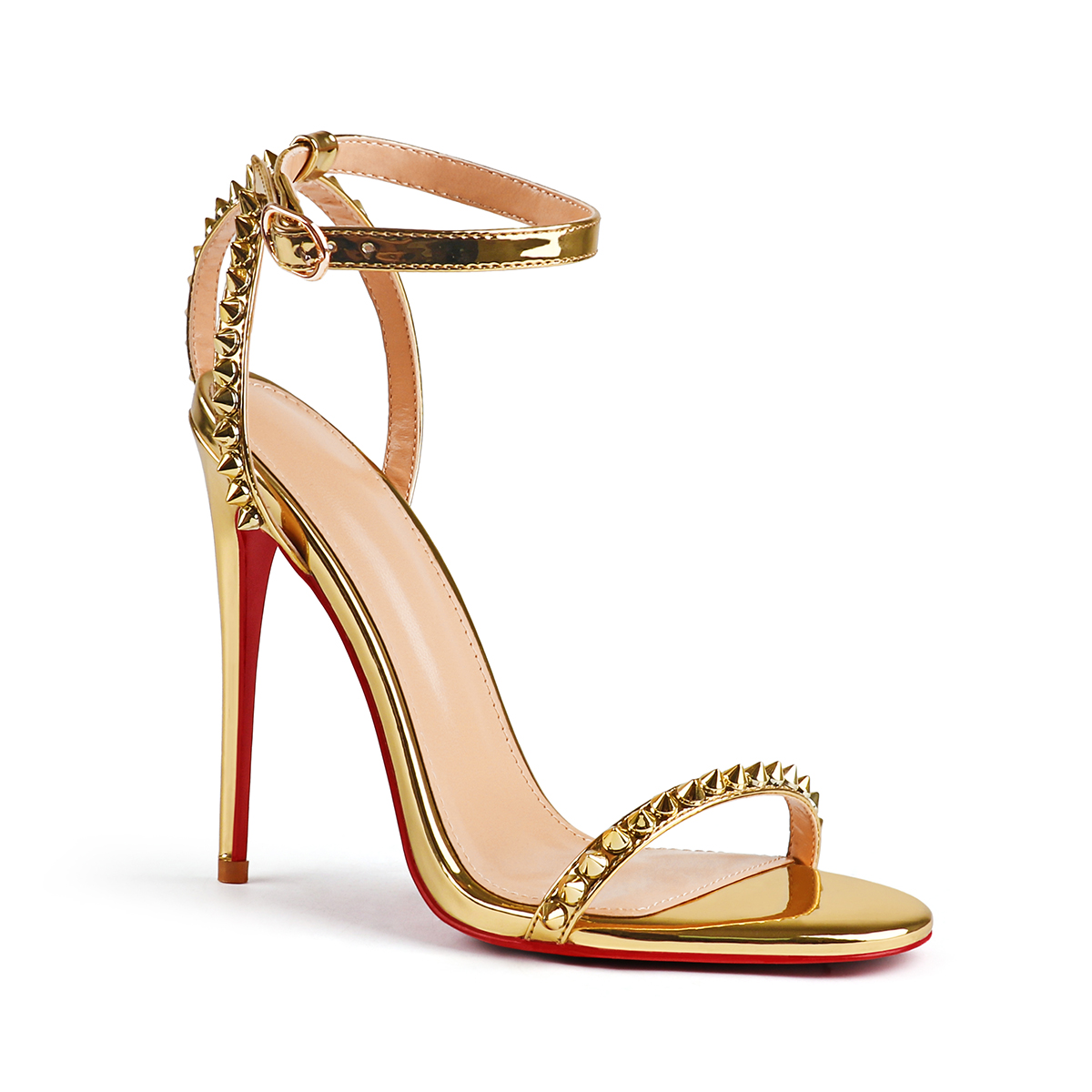 120mm Women's Sandals Stiletto Red Bottom High Heels Open Toe Ankle Strap Rivet Studs Shoes-MERUMOTE