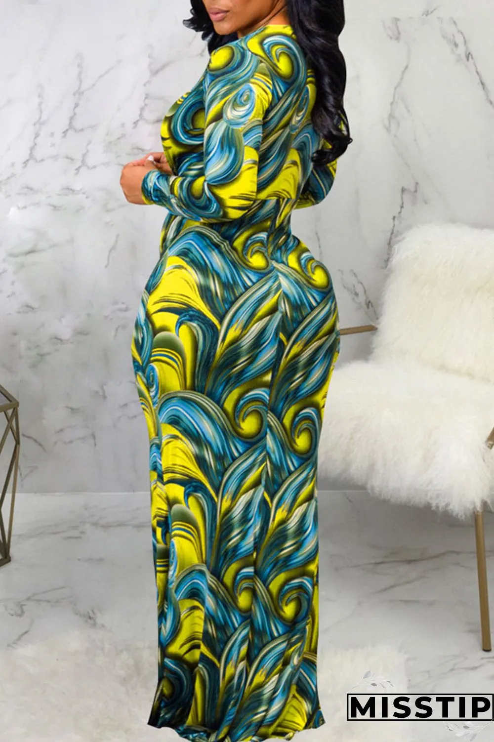 Blue Sexy Print Patchwork V Neck Long Sleeve Dresses