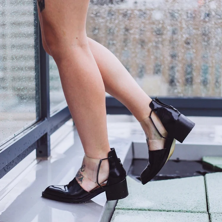 Black Pointed Toe Transparent Band Low Heel Vintage Shoes for Women |FSJ Shoes