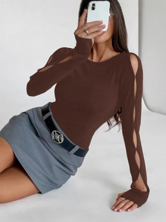 Nigikala Nigikala Women's Casual Long-Sleeved Round-Neck Solid-Colored Hollow T-Shirt