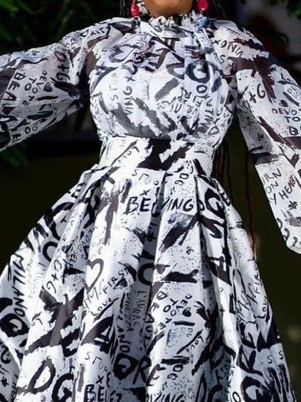 Dresses High Neck Puff Sleeve Print Dress for Women