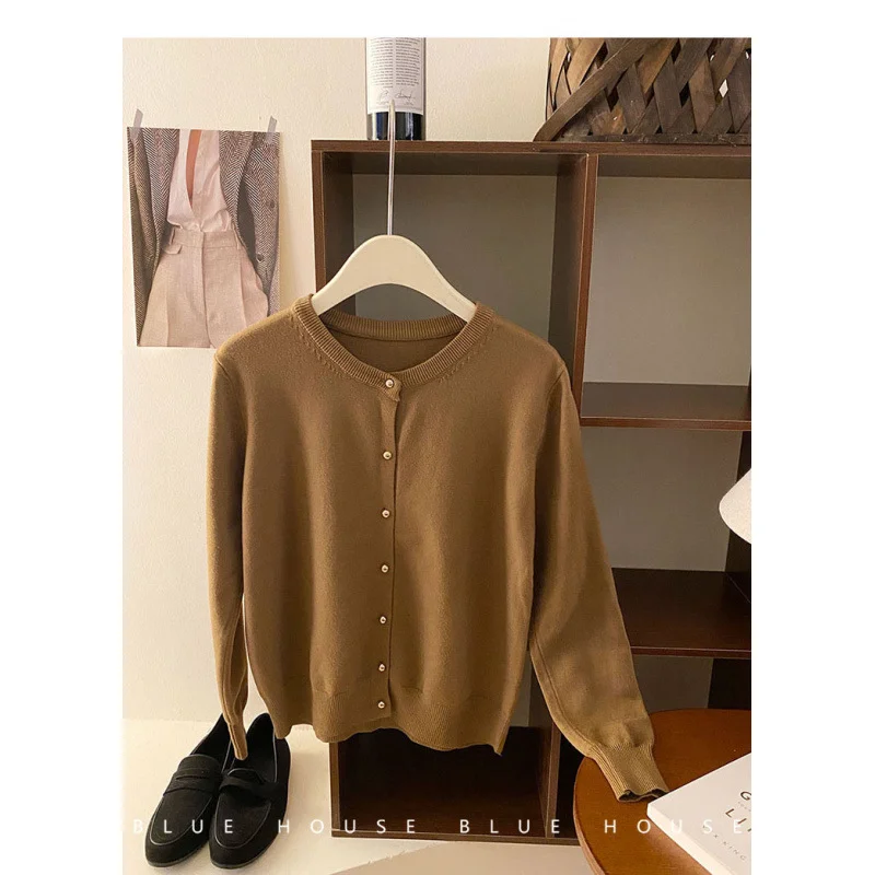 Uveng Uveng Style Gentle Retro Small Gold Button Net Version Long-Sleeved Knitted Shirt Women Autumn Collar Soft Glutinous Sweater Coat
