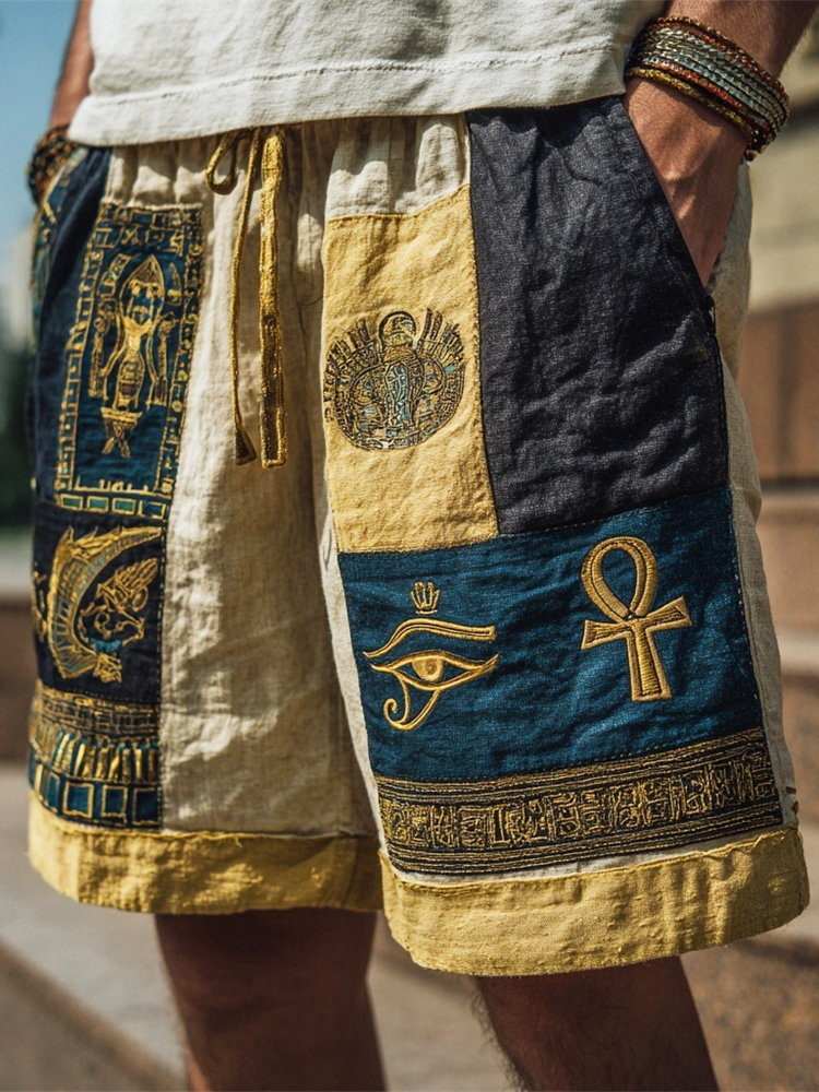 Egyptian Ankh And Eye Of Horus Embroidery Men's Linen Shorts