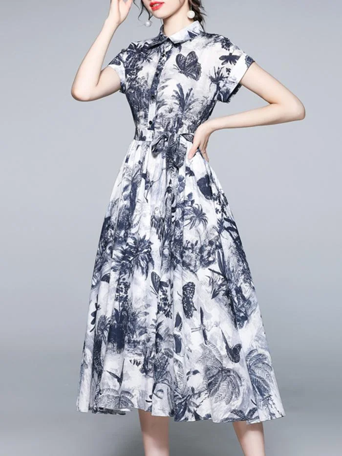 Women's New Ink Printed Mid-length Shirt Collar Short Sleeve Dress