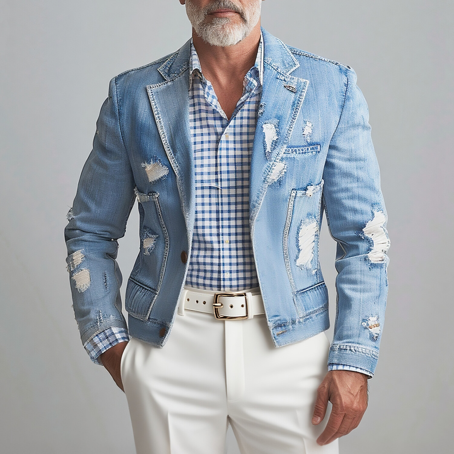 Men's Vintage Distressed Ripped Denim Notch Lapel Two Button Blazer