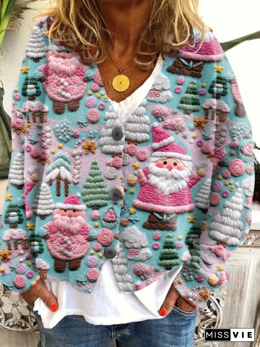 Women's Pink Santa Print Button-Up Cardigan