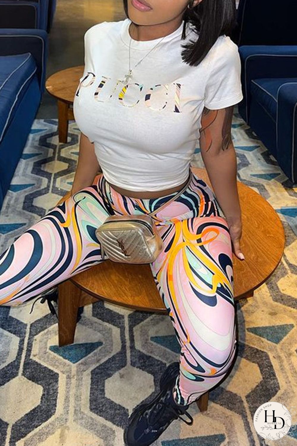 White Fashion Casual Print Patchwork O Neck Short Sleeve Two Pieces