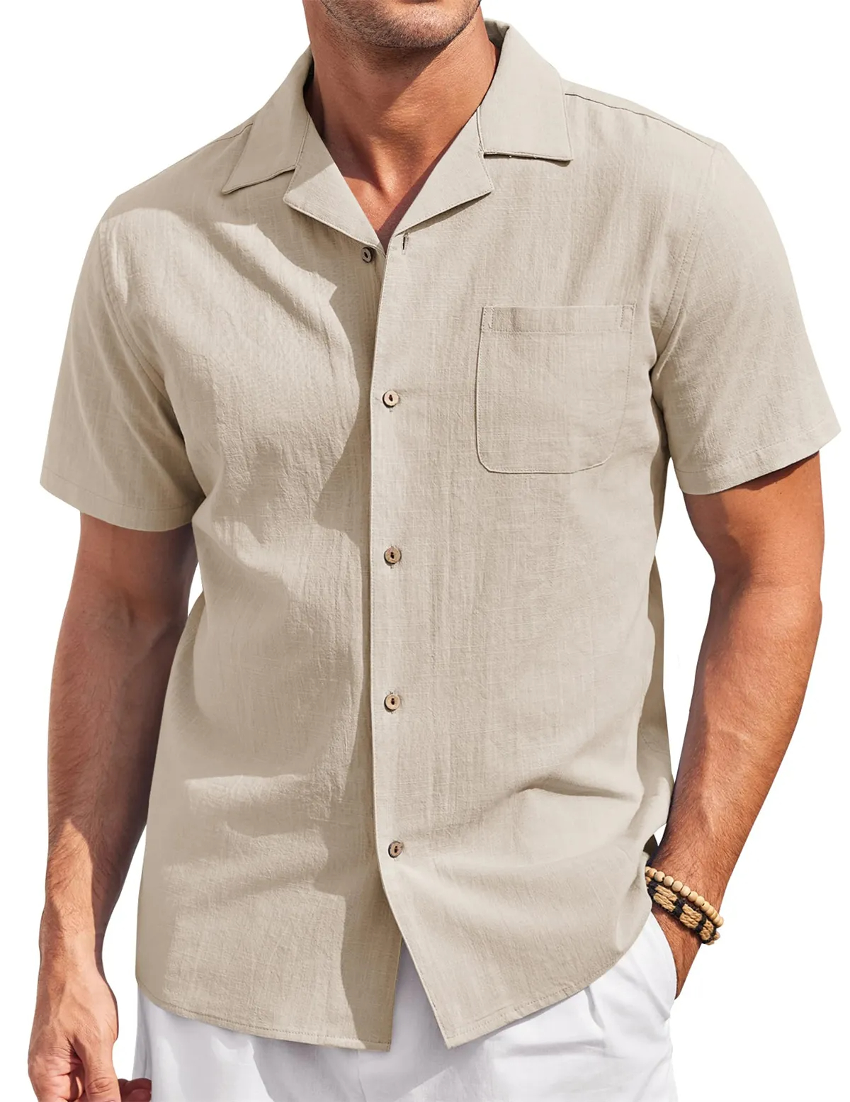 Men's Cotton and Linen Cuban Collar Pocket Casual Short Sleeve Shirt PLUSCLOTHESMAN