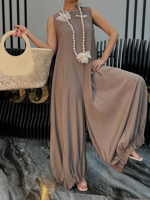 Loose Sleeveless Solid Color Round-Neck Jumpsuits