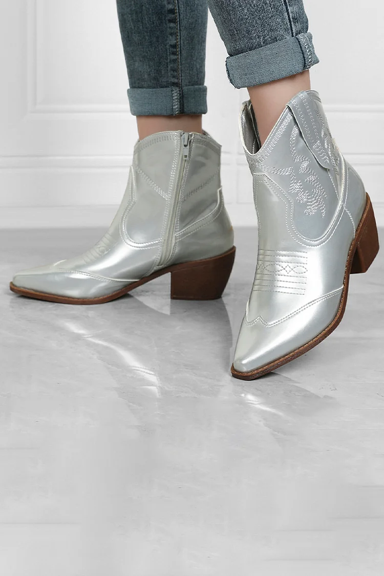 Sheen Metallic Finish Totem Embroidery Pointy Toe Chunky Heels Ankle Boots