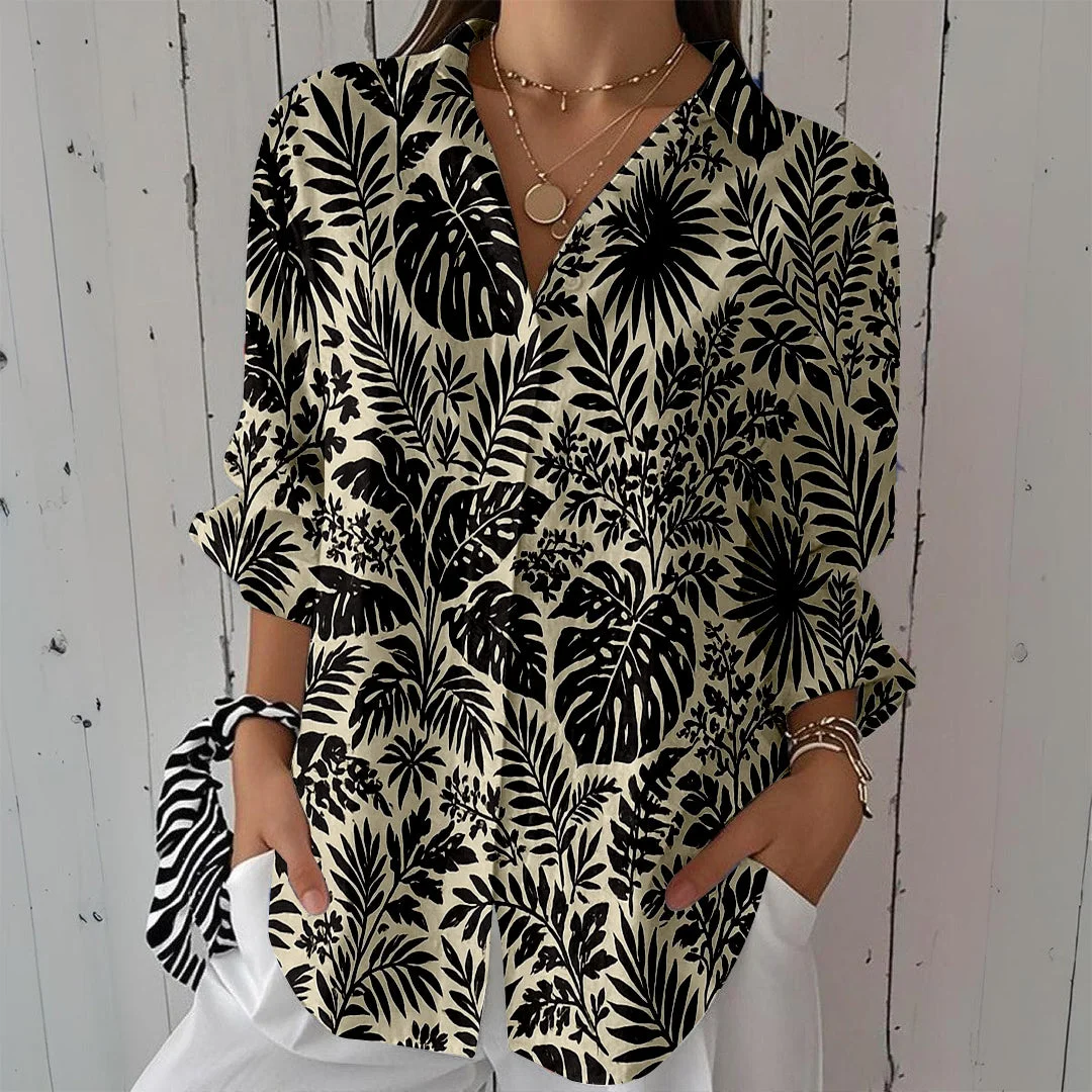 Style & Comfort for Mature Women Women Leaves, Black, Khaki DZCL0169 3/4 Sleeve Shirt Collar Printed Button Tops