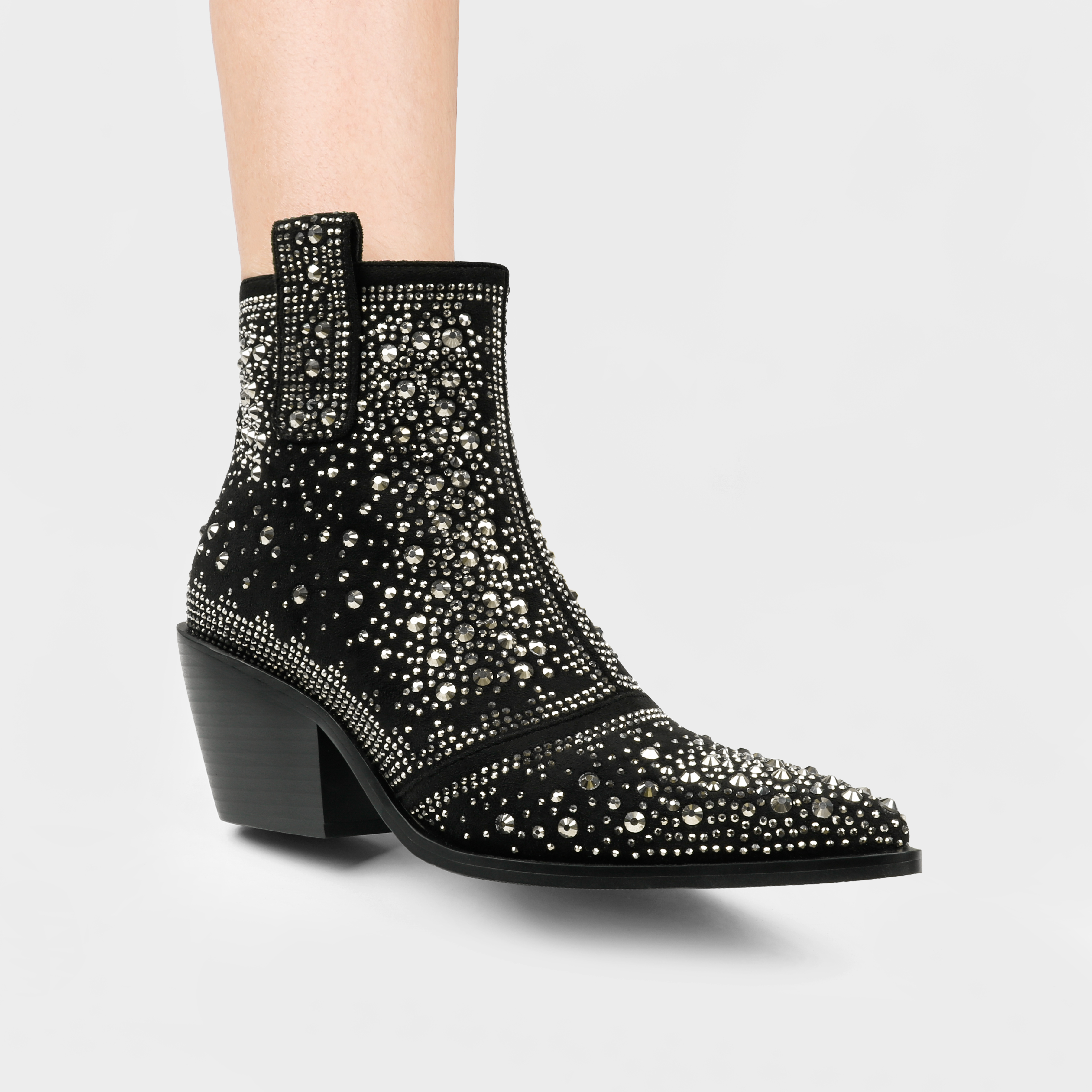 2.56" Women's Rhinestone Western Cowboy Boots Pointed Toe Block Heel Sparkly Ankle Boots-MERUMOTE