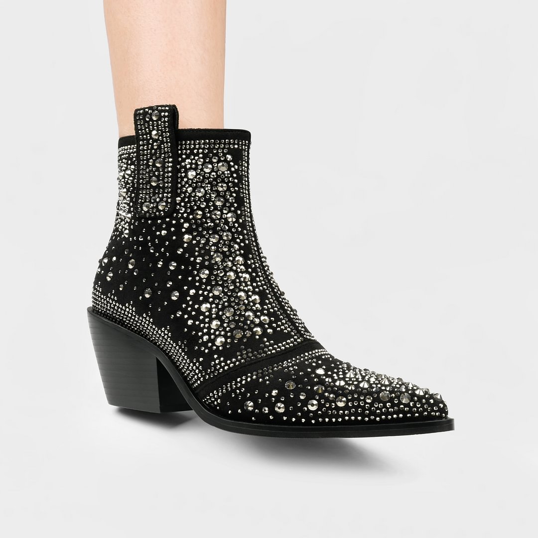 2.56" Women's Rhinestone Western Cowboy Boots Pointed Toe Block Heel Sparkly Ankle Boots-MERUMOTE