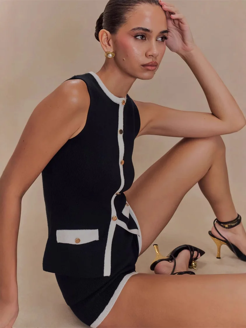 Uveng Uveng Scented Elegant Knitted Top Button French Sleeveless Sleeveless Shirt Vest 2025 Summer Burst Top