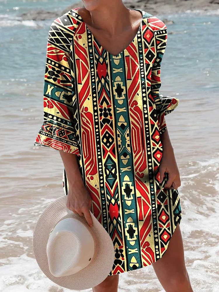 Women's Vintage Hawaiian Patterns Print Ruffled Dress