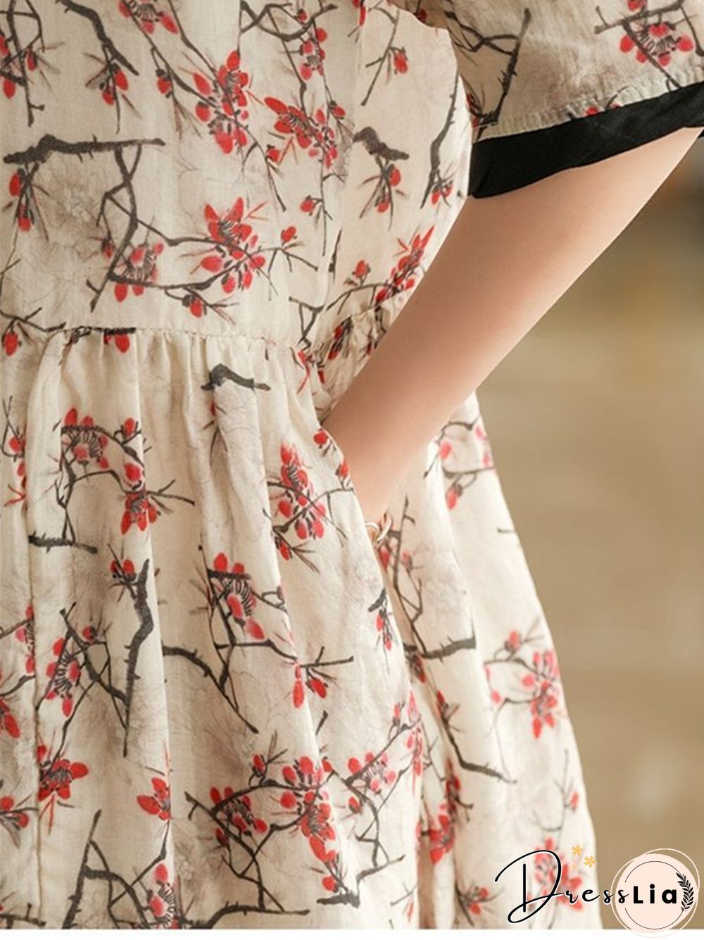 Literary Retro Floral Cotton Linen Short Sleeved Dress
