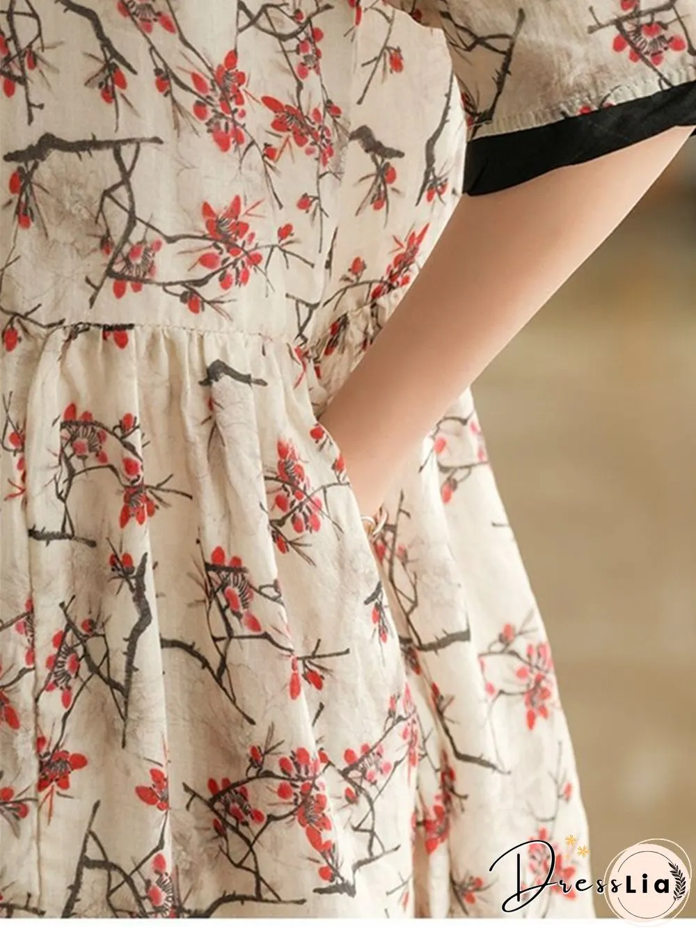 Literary Retro Floral Cotton Linen Short Sleeved Dress