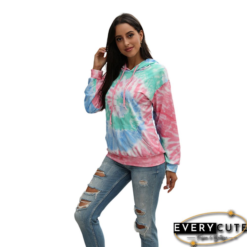 Pink Tie Dye Print Long Sleeve Drawstring Hoodie