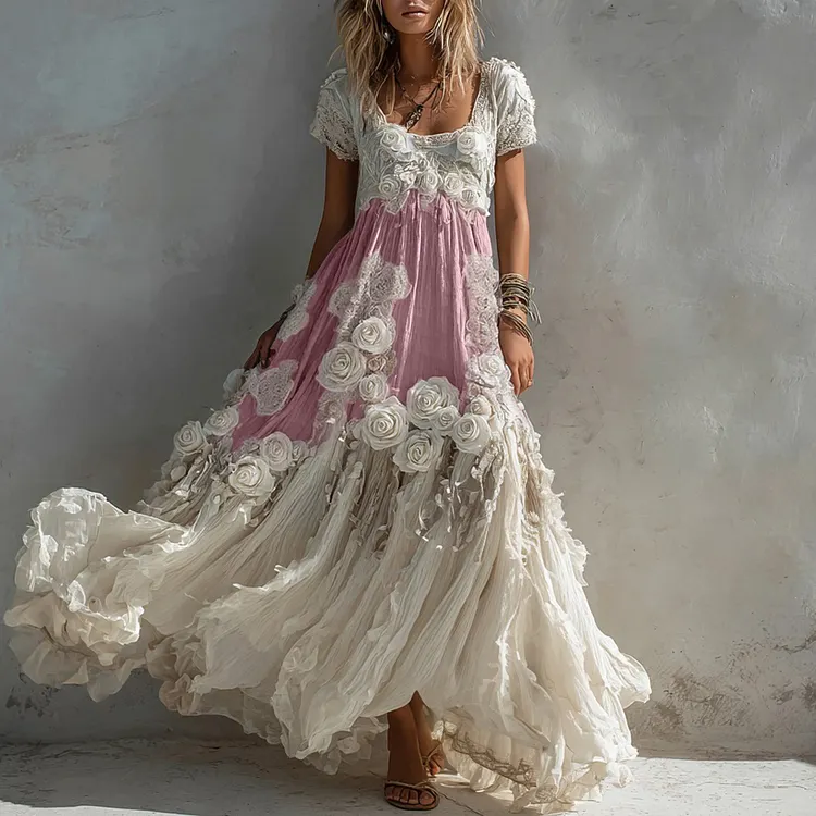 Women's Vintage White Rose Pattern Linen Short Sleeve Dress