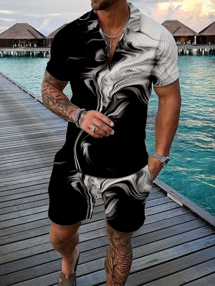 Men's Casual Resort Print Polo Shirt Set