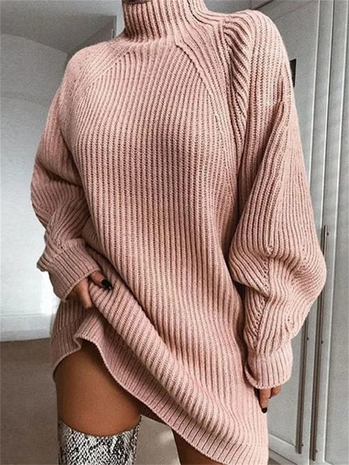 Women's Sweater Dress Knitted Solid Color Basic Casual Chunky Long Sleeve Loose Sweater Cardigans Turtleneck Fall Winter Blushing Pink Wine Light gray-Mixcun