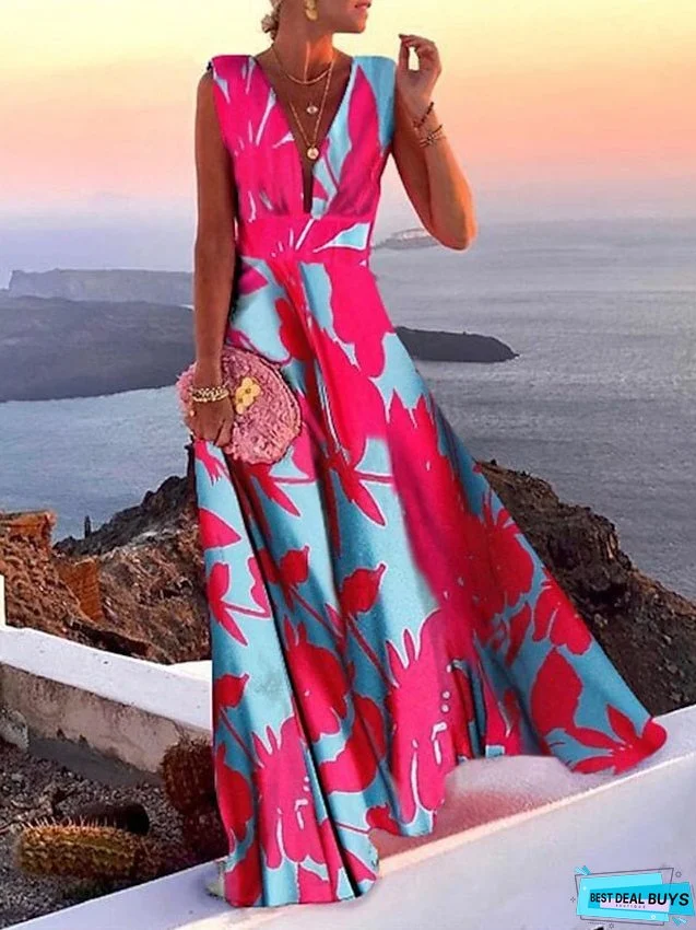 Casual Dress Swing Dress Floral Dress Long Dress Maxi Dress Green Blue Pink Sleeveless Floral Print Spring Summer Deep V Hot Daily S M L XL XXL for Women