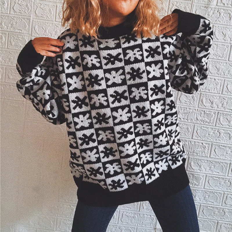 Casual Floral Plaid Round Collar Long Sleeve Loose Knit Sweater