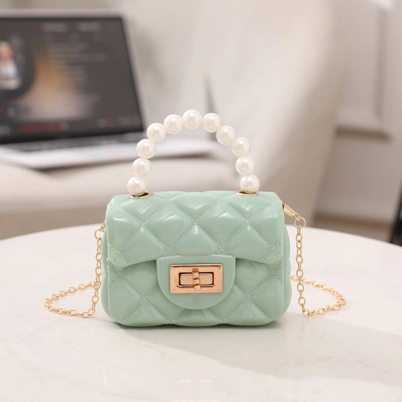 Women’s PVC Solid Color Cute Beading Pearls Square Lock Clasp Crossbody Bag