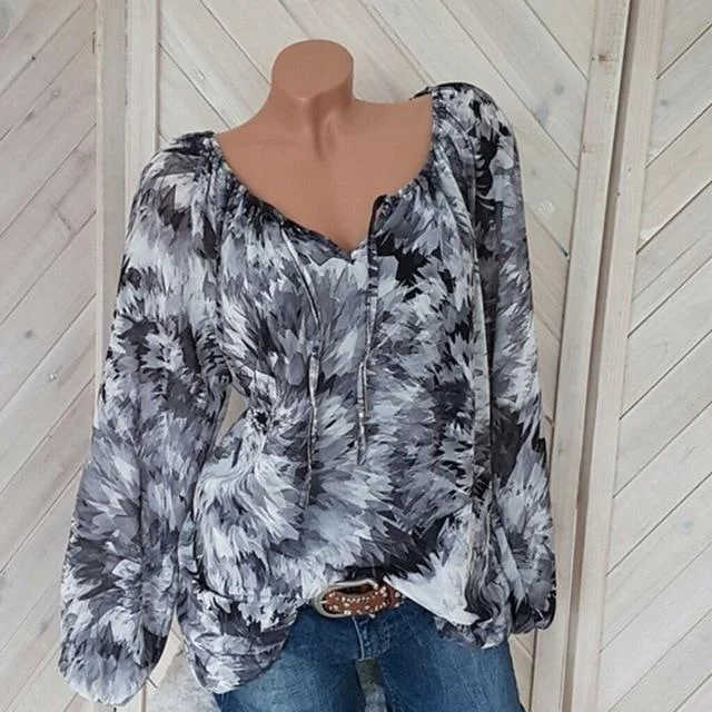 Women Casual V-Neck Blouse Long Sleeve Floral Print Blouse Tops