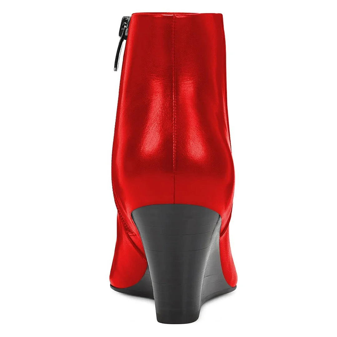 Fashion Red Closed Pointed Toe Side Zipper Wedge Heel Booties