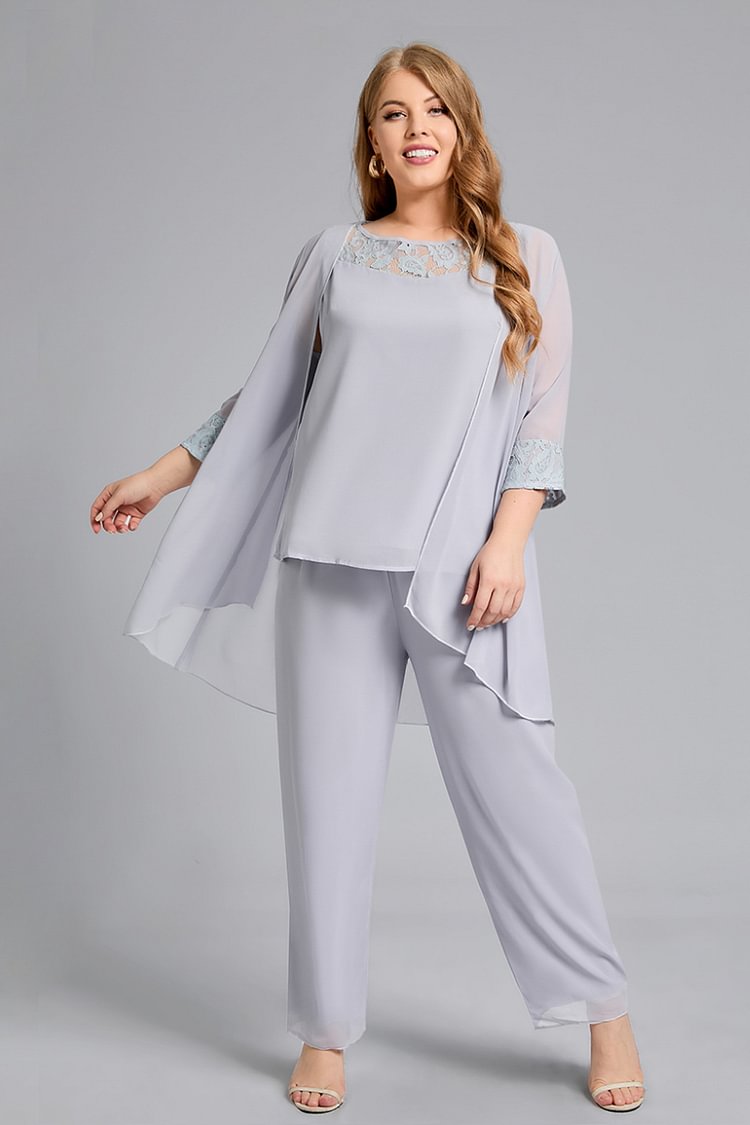 Flycurvy Plus Size Mother of The Bride Silver Sequins Mesh Three Pieces Set Pant Suits FlyCurvy flycurvy [product_label]