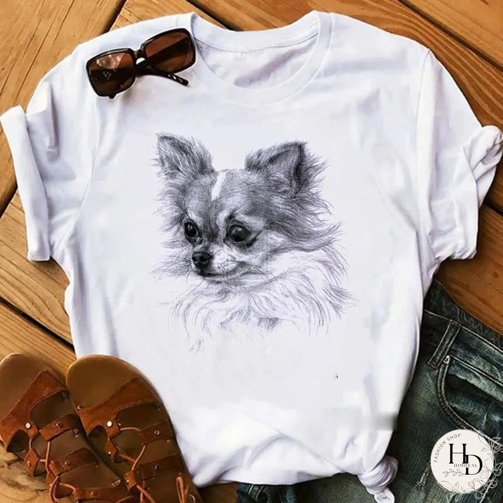Schnauzer/Seymour/Yorkshire Terrier/Chihuahuas/ Retriever/pomeranian/Papillon Dog VintagePortraitPrintWomenSummerTShirt