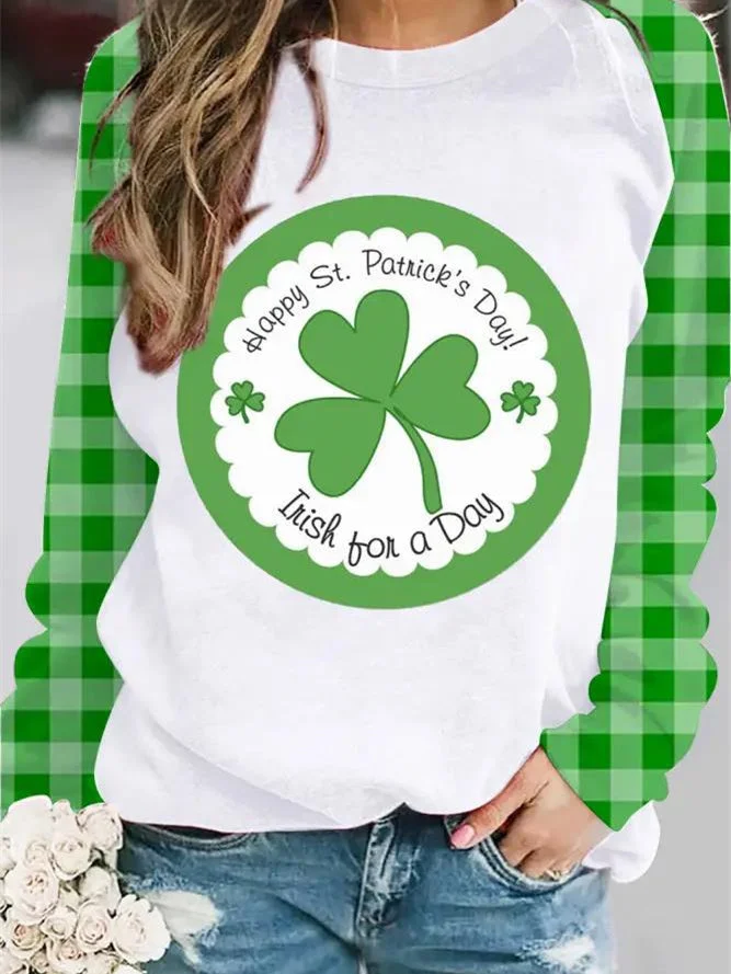 Women's Long Sleeve Scoop Neck Four Leaf Clover Printed Graphic Tops