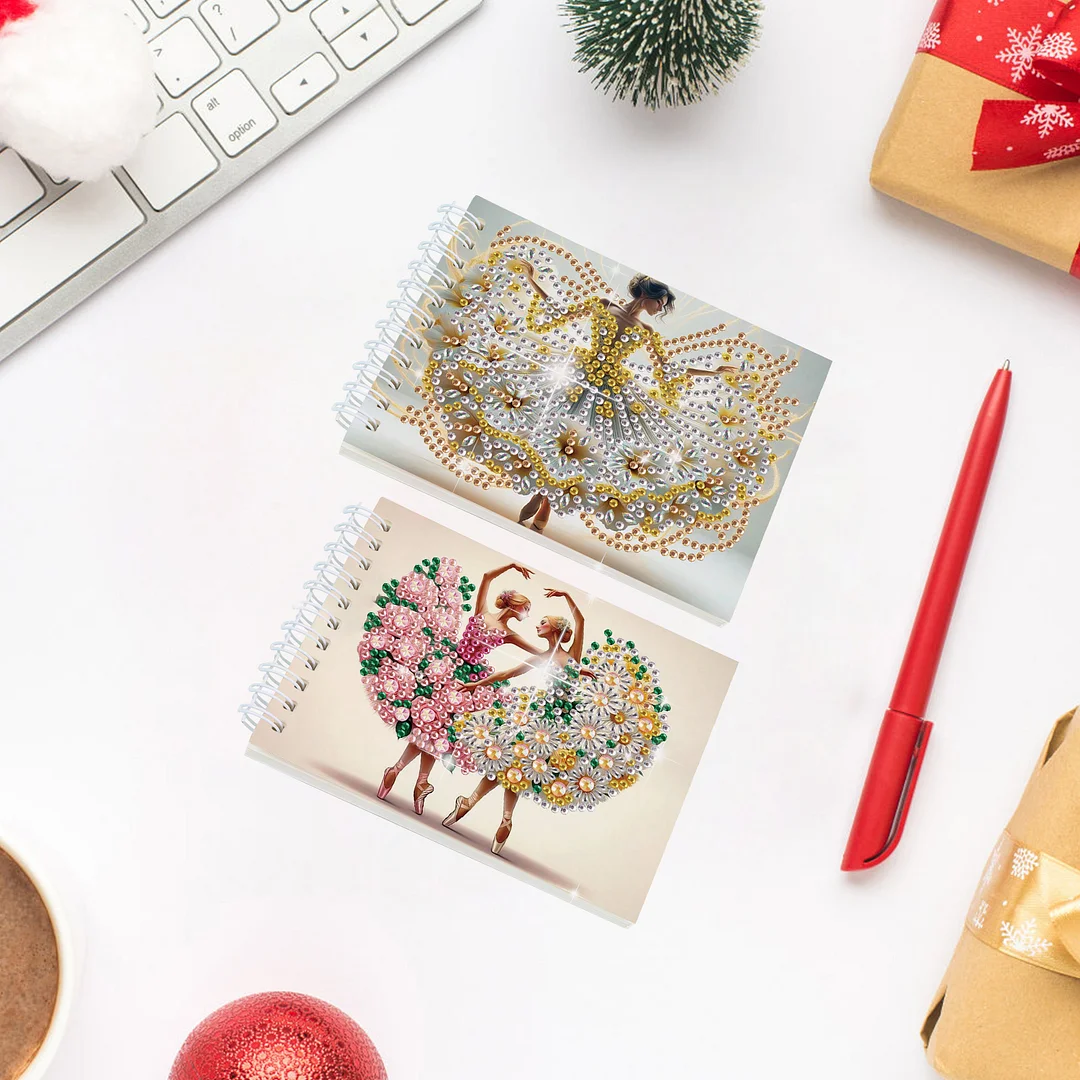 2 Pack Flower Ballet Lady DIY Diamond Art Spiral Notebook Kit 80Pages No Lines