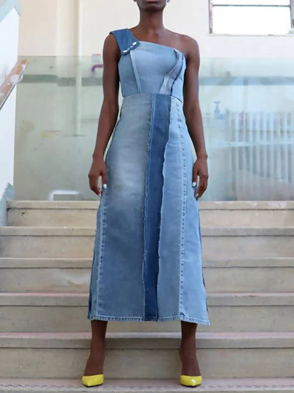 Asymmetric Solid Color Split-Joint Sleeveless One-Shoulder Maxi Dresses
