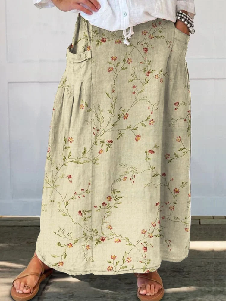 Elegant And Simple Plants And Flowers Printed Women's Casual Cotton And Linen Skirt