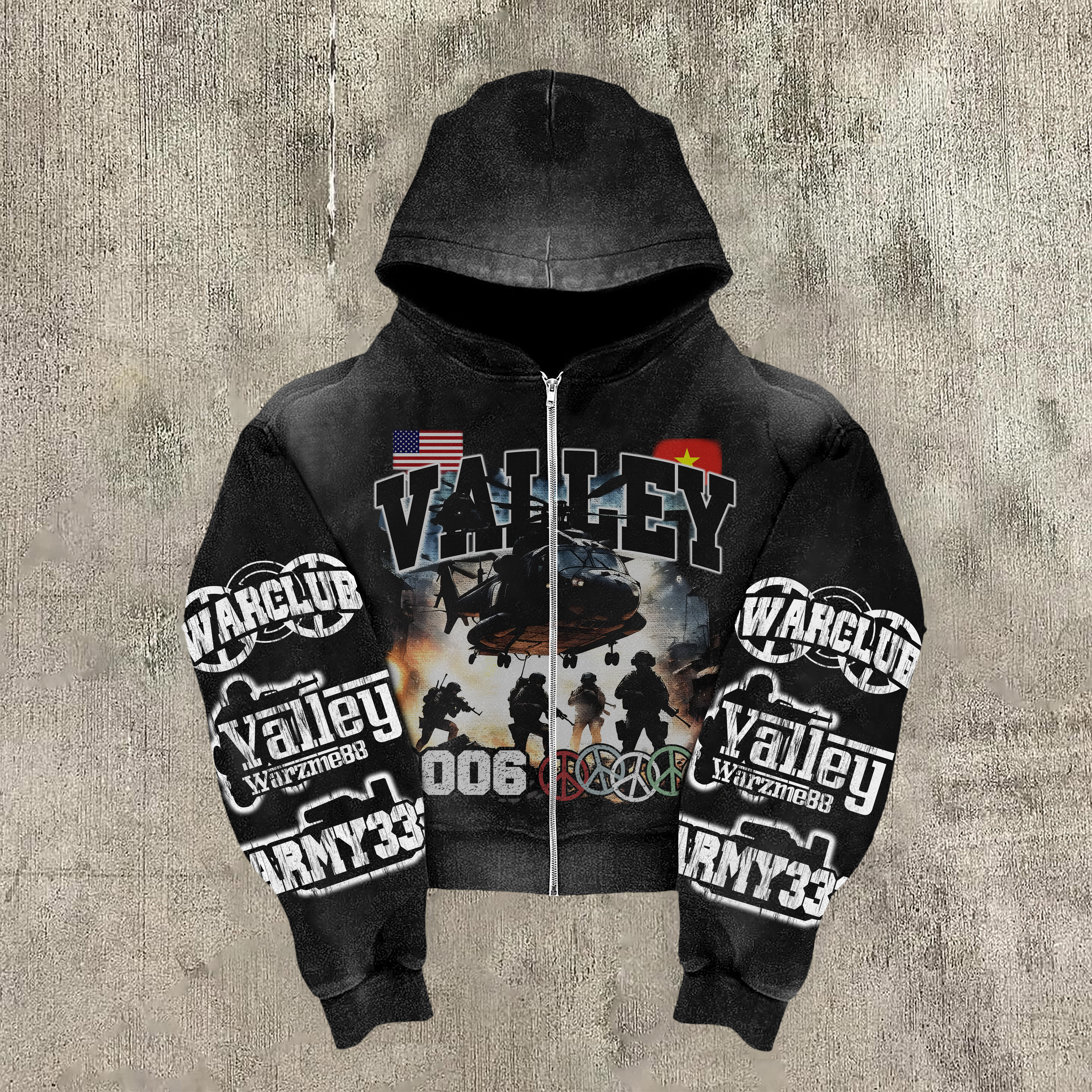 Vintage Warzone Graphic Acid Washed Oversized Zip-up Hoodie