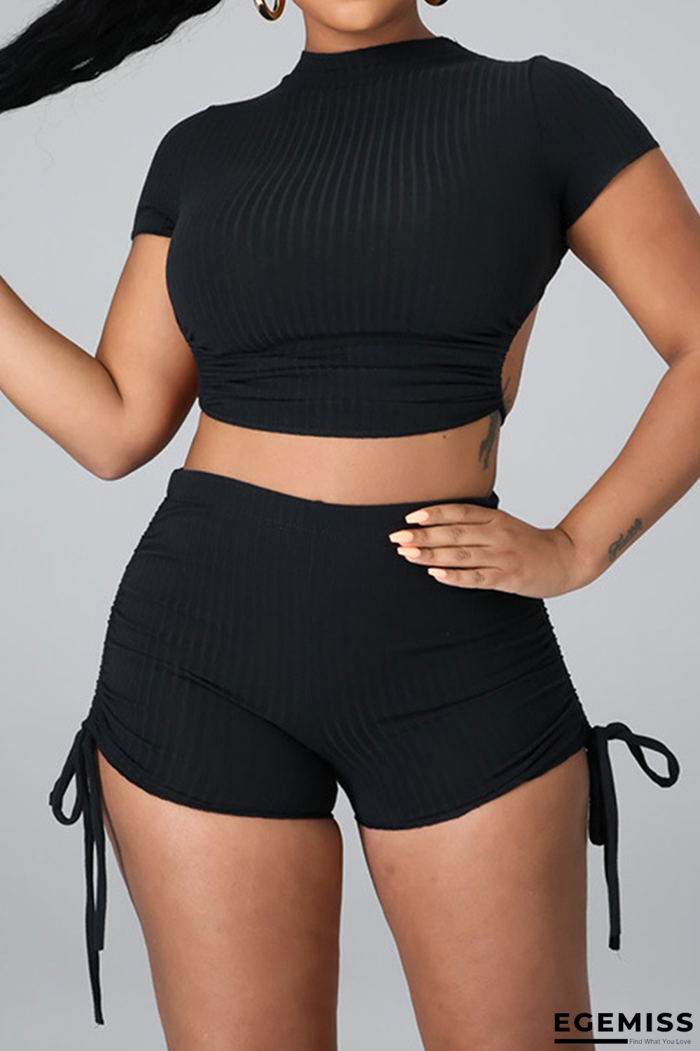 Black Casual Solid Backless Half A Turtleneck Short Sleeve Two Pieces | EGEMISS