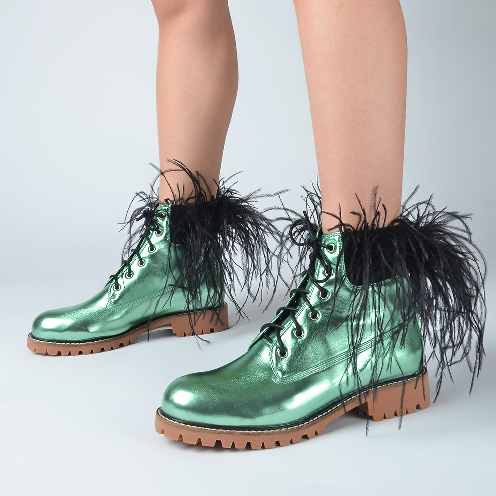 Green Glossy Combat Boots Cattle-hide Sole Booties With Feather
