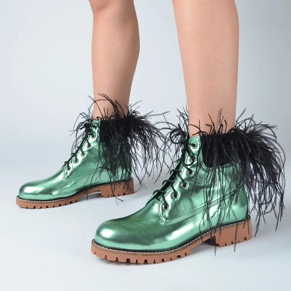 Green Glossy Combat Boots Cattle-hide Sole Booties With Feather