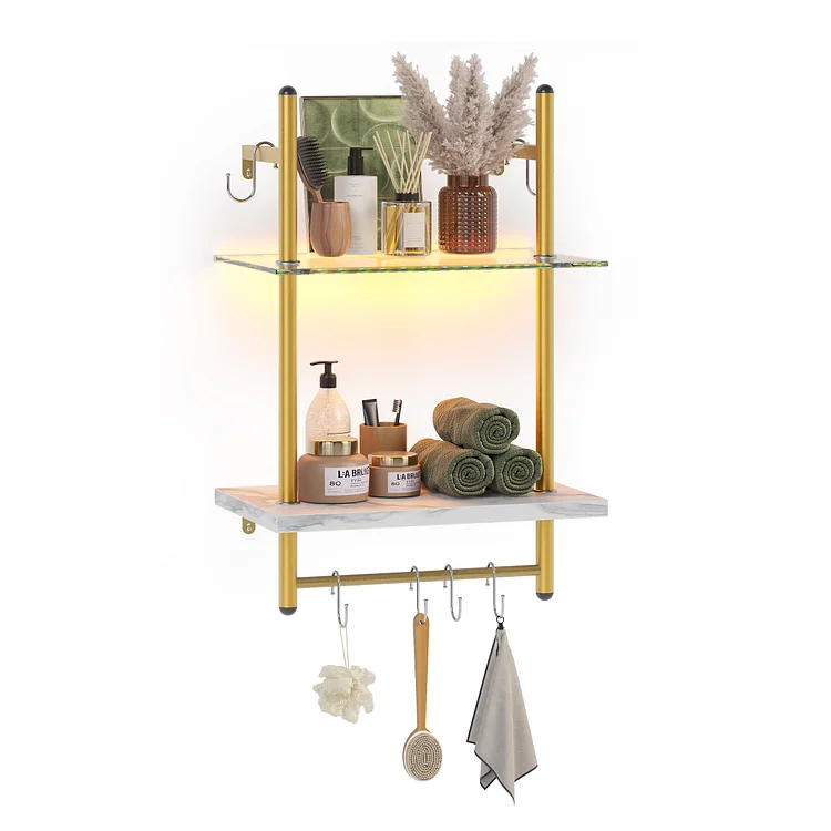Bestier 2-Tier Floating Shelves for Wall with LED Light 15" x 23" Wall-Mounted Wood Shelves, White Marble