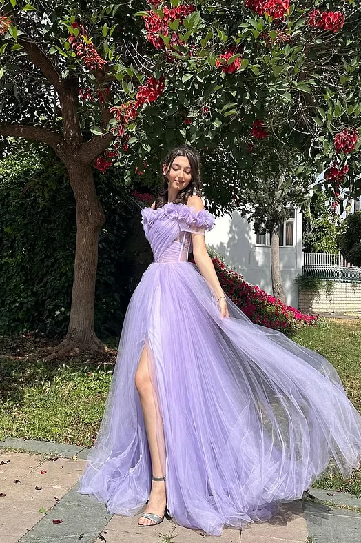 Daisda Purple Sleeveless Strapless  Off-Shoulders Handmade Flower Prom Dress