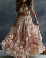 Women's Romantic Floral Roses Art Linen Blend Casual Skirt - Image 2