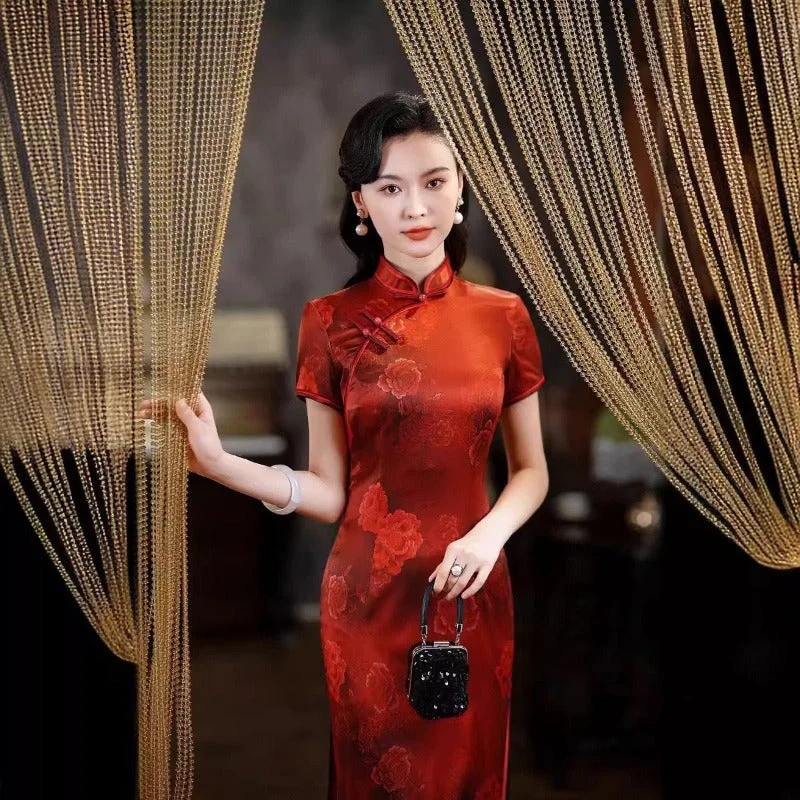 19 mome mulberry silk, floral pattern, high-end long Cheongsam