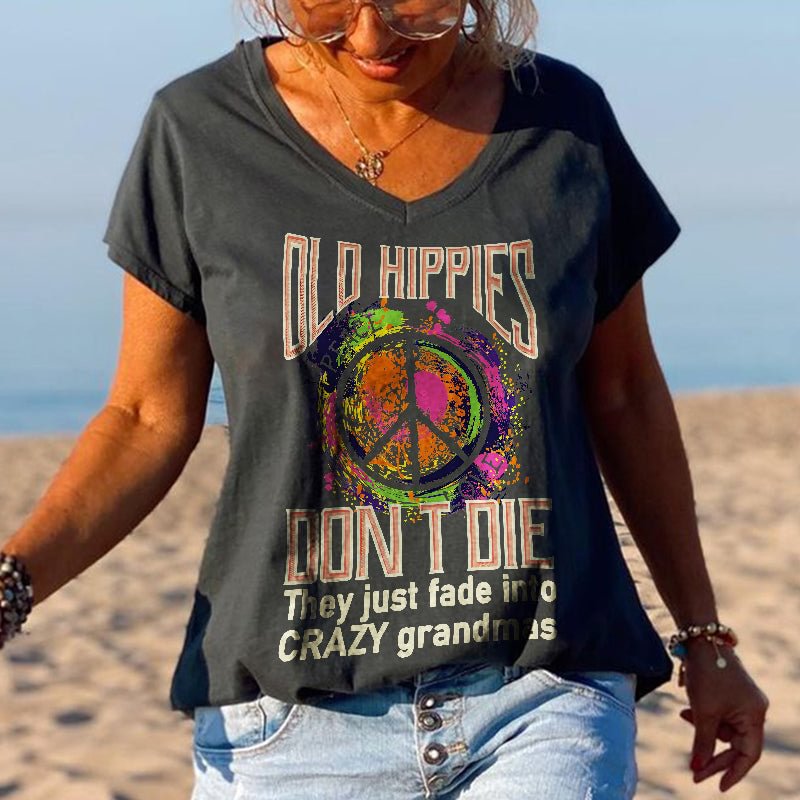 V-neck Old Hippies Don't Die Printed Graphic Tees
