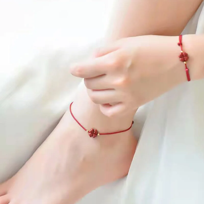Cinnabar Red String Four Leaf Clover Blessing Bracelet
