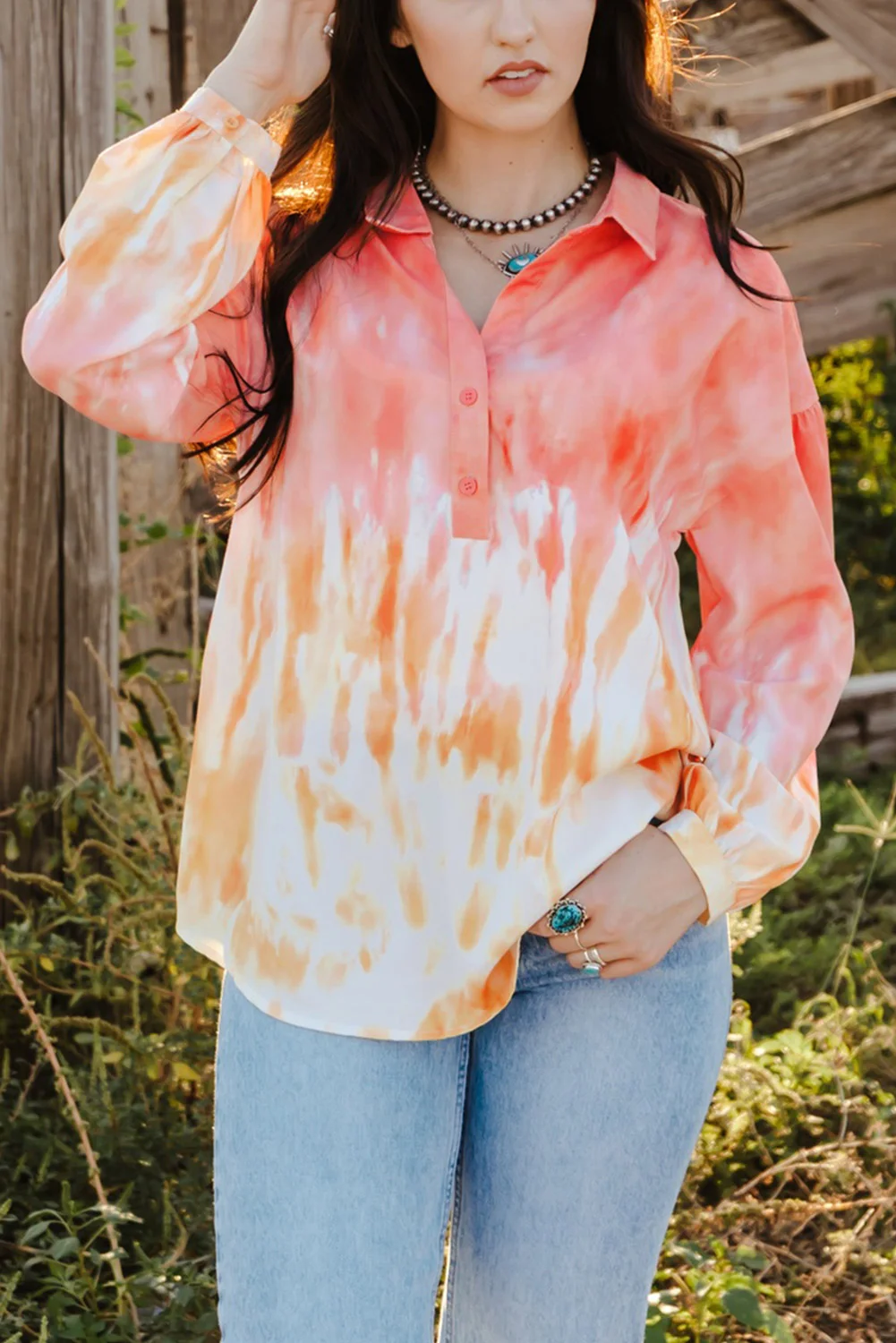 Red Tie Dye Print Lace-up Buttoned Henley Top | IFYHOME
