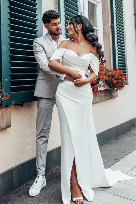 Off-The-Shoulder Charmeuse Wedding Dress With Split | Ballbellas Ballbellas