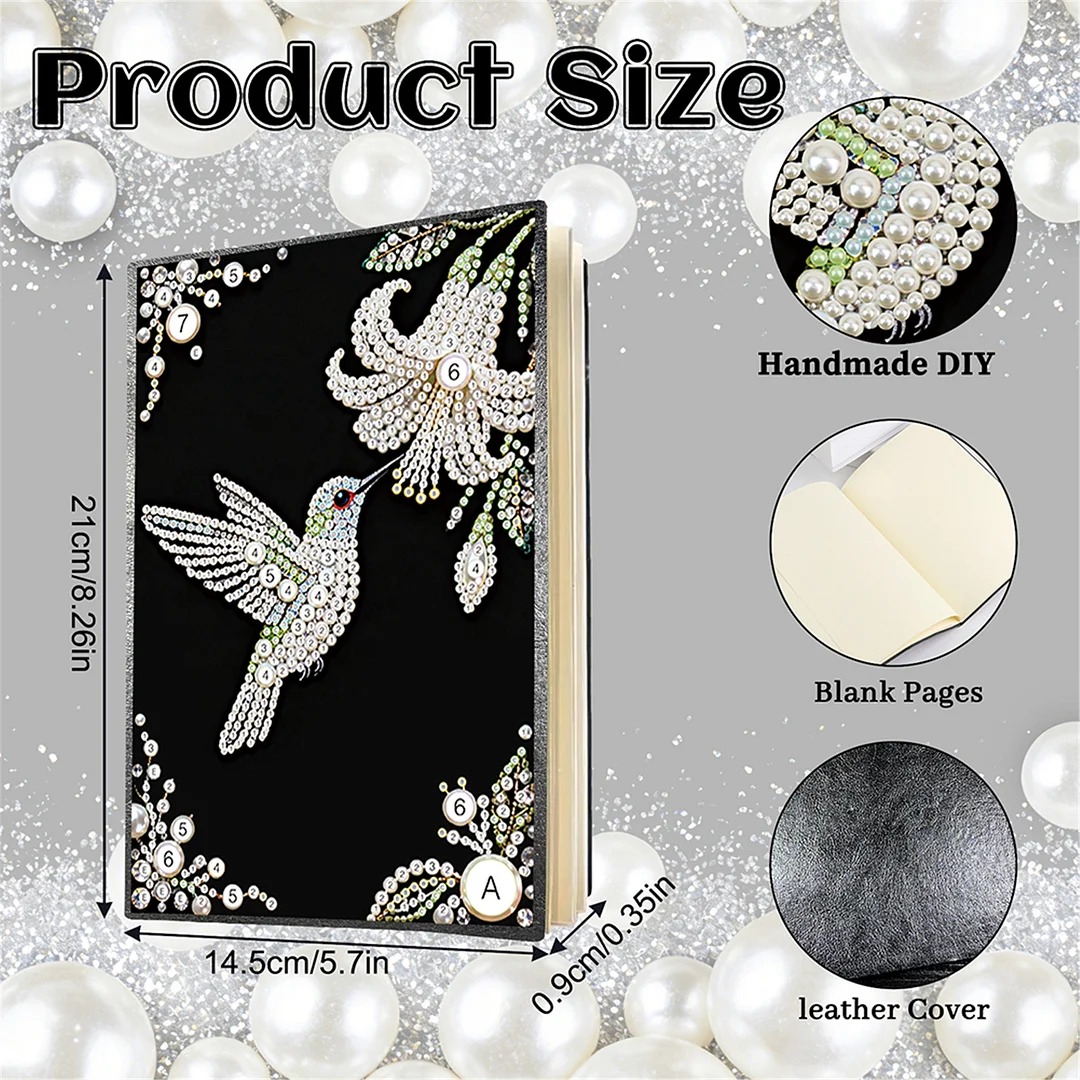Flowers and Hummingbirds Partial Pearl DIY 50 Pages A5 Diamond Painting Notebook Special Shaped Diamond Art Diary Book Kits Wireless Strip 5D Crystal Art Paintings Sketchbook for Art Drawing
